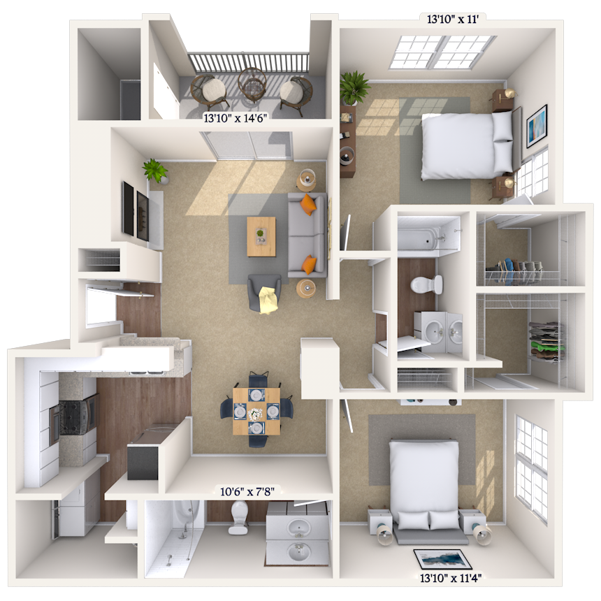 Floor plan for 2 beds, 2 baths, 1159 sqft